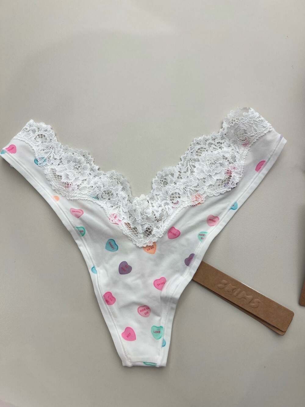 NWT SKIMS Cotton Lace Thong Valentine Candy Hearts Print